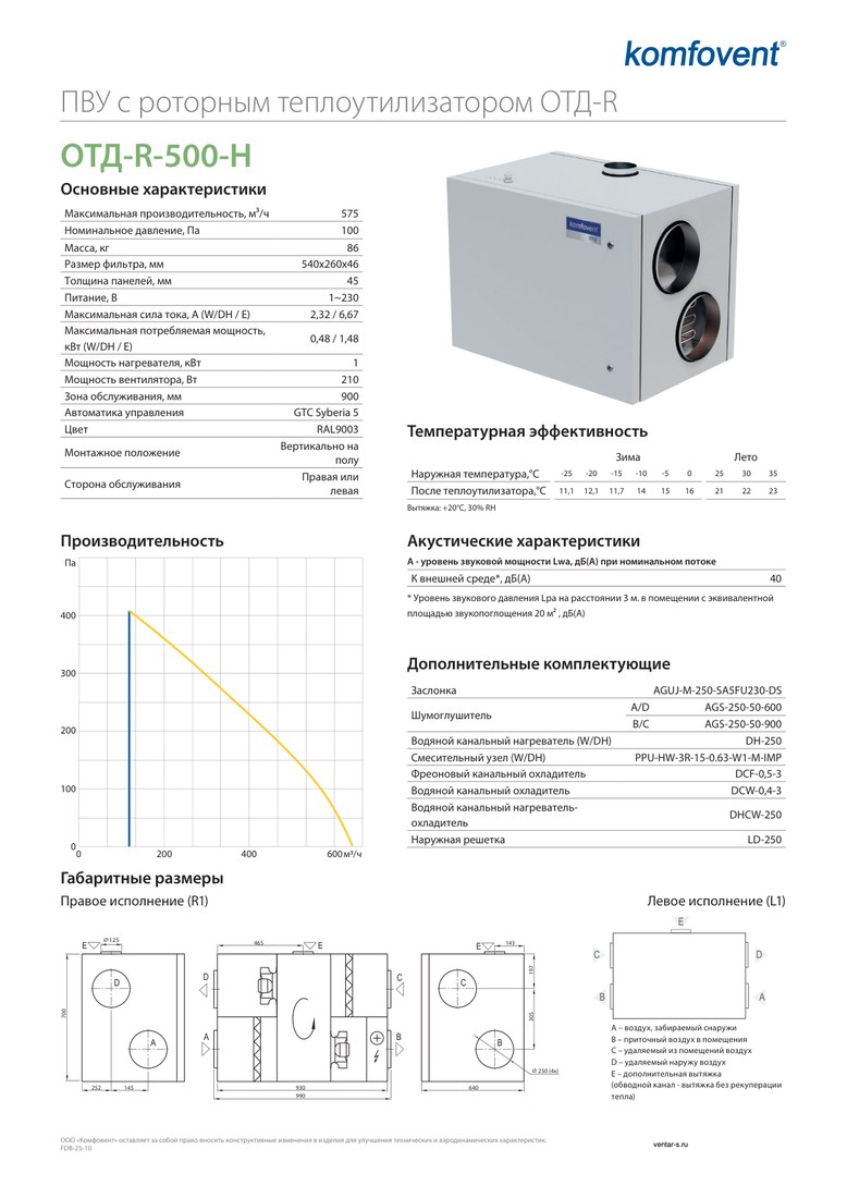 Приточно-вытяжная установка Komfovent ОТД-R-500-H-E (ротор L/A, фильтры M5/M5)